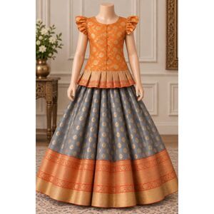 Girls Orange Gold Brocade Peplum Top & Gray Polka Dot Lehenga Skirt Set